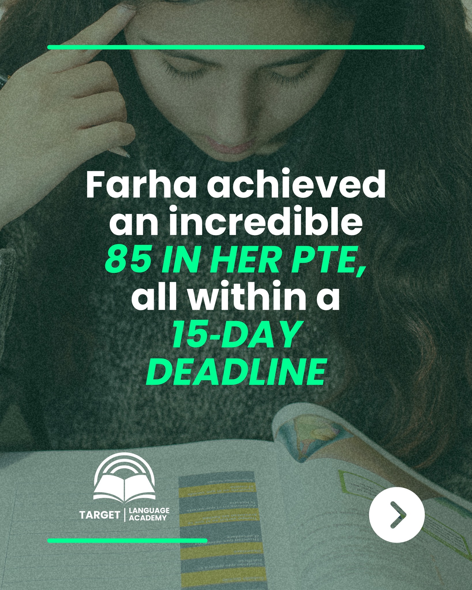 Farha achieved PTE 85 overall with 90/90 Speaking and Writing in 15 days